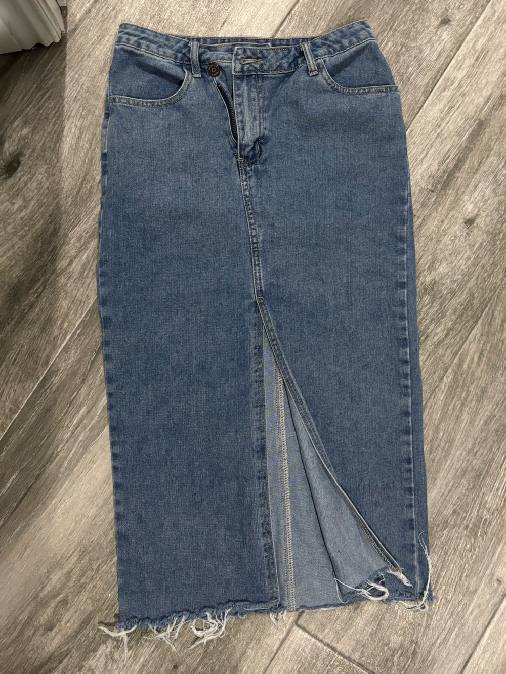 Happily Grey Blue Denim Maxi Skirt with Front Slit